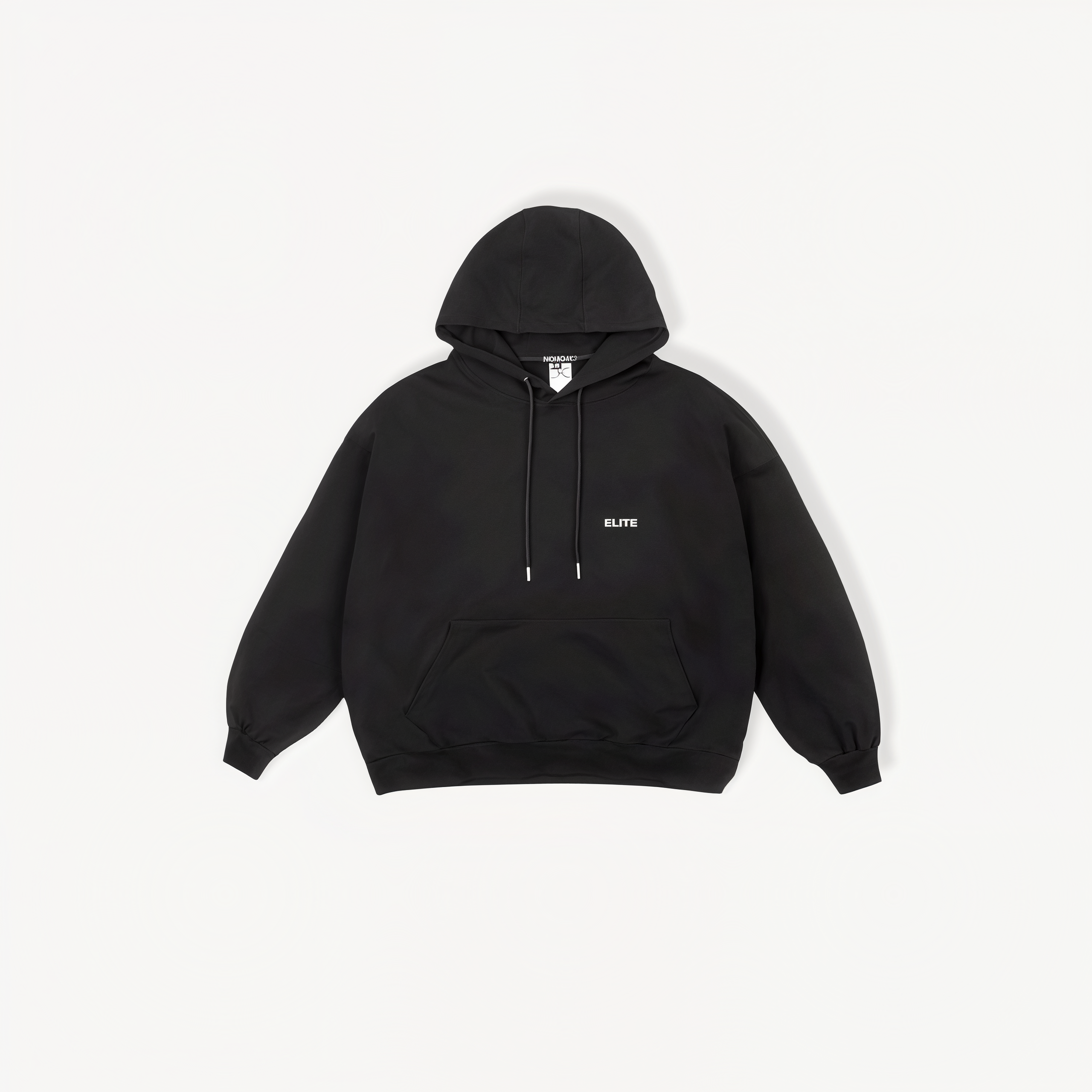 Black hoodie with 'ELITE' logo on a white background front view.